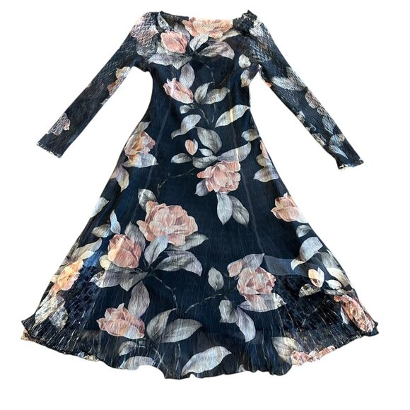 Komarov Grey Floral Print Midi Dress V-Neck Stretch Crinkle Size Small Women NWT - Picture 9 of 15